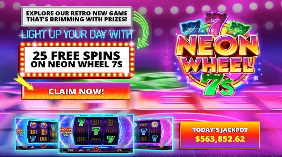 Get 25 FS on Neon Wheel 7s Slots - RagingBull