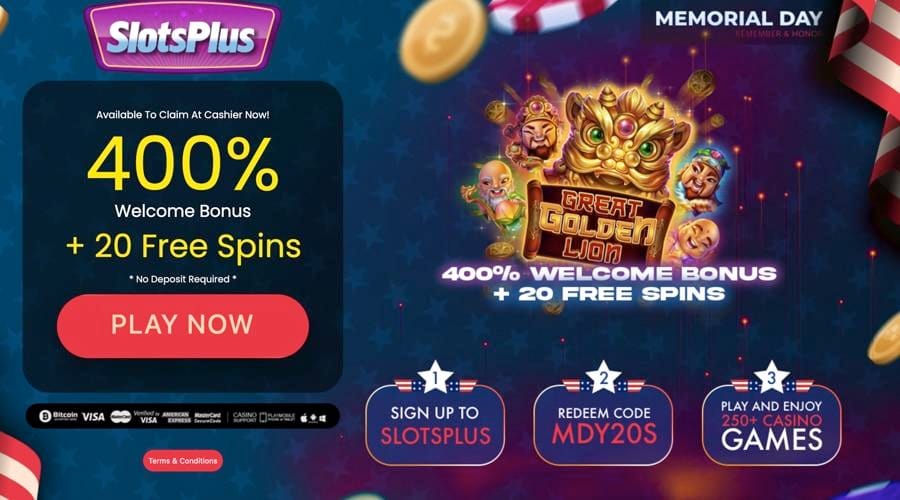 This Memorial Day you get 20 FS on Great Gold Lion Slots - SlotsPlus